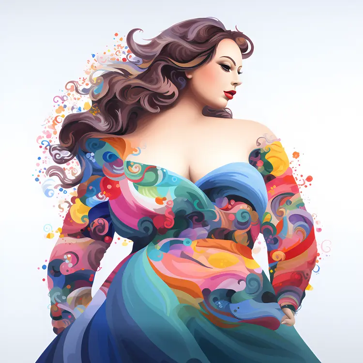 Stylish Woman in Colorful Dress with Swirls