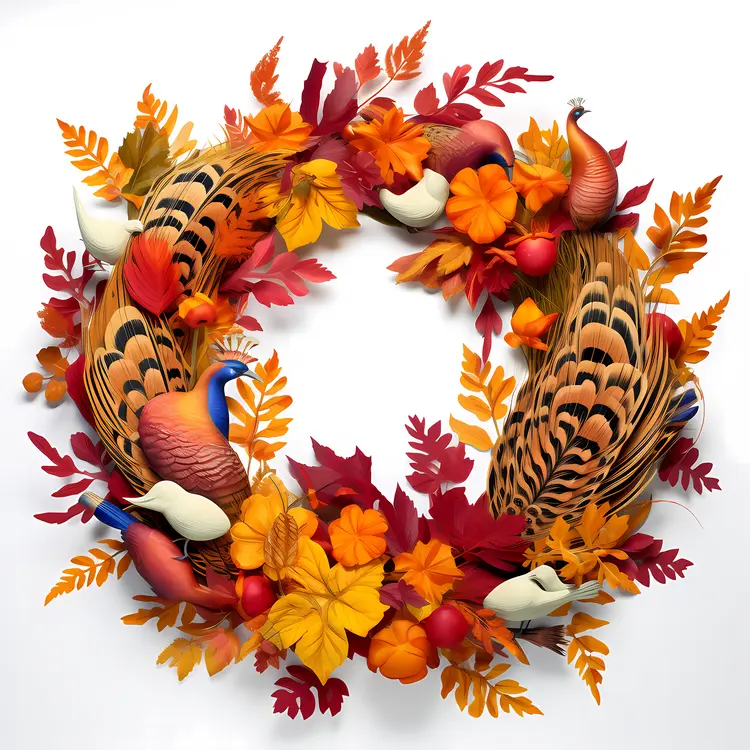 Autumn Wreath with Peacocks and Leaves