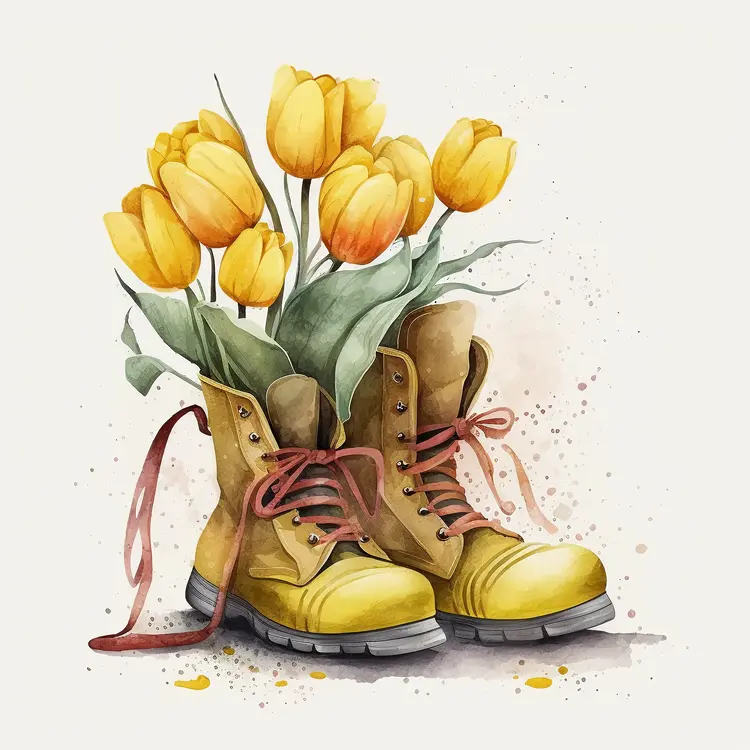 Yellow Boots with Tulips Watercolor Art