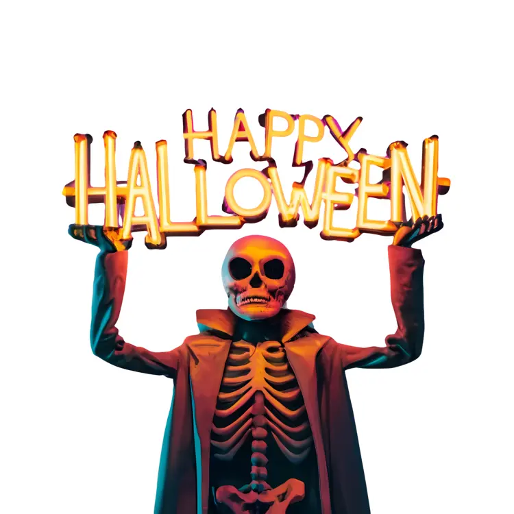 Happy Halloween Text with Skeleton Holding Sign