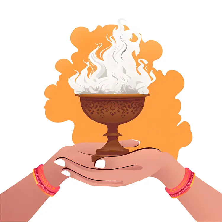 Hands Holding a Sacred Lamp with Flames