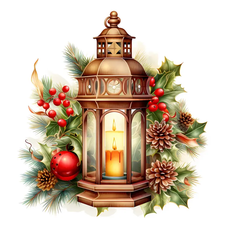 Christmas Lantern with Holly and Pinecones