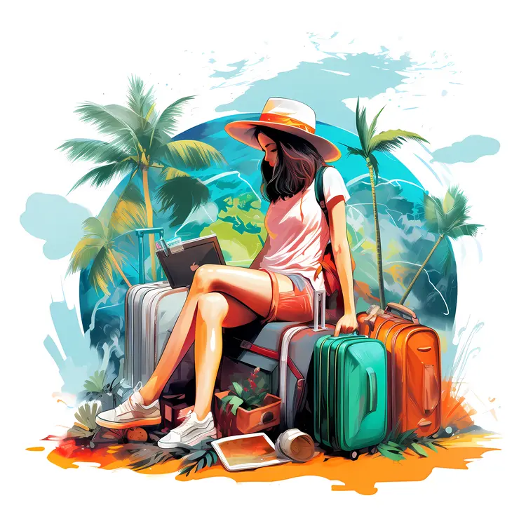 Woman with Luggage at Beach