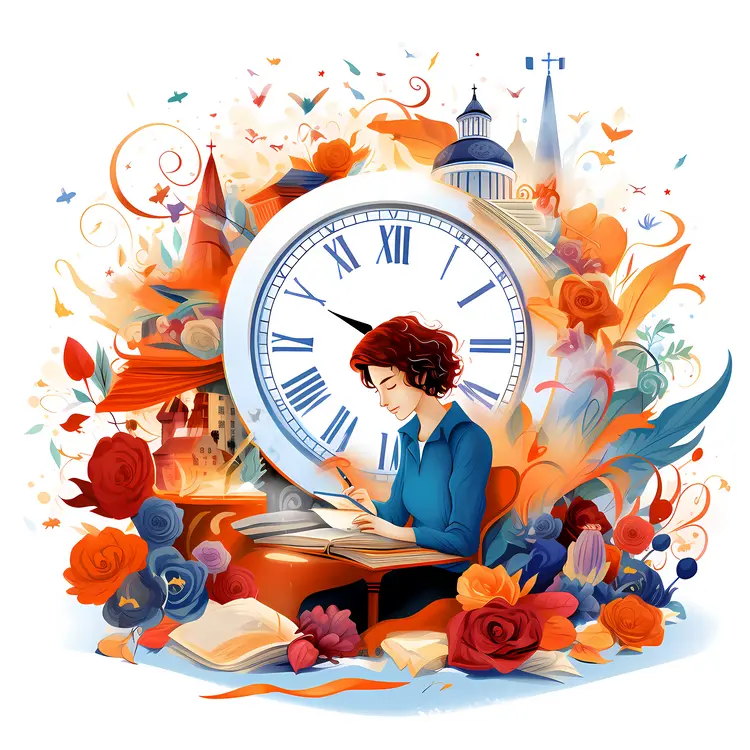 Person Writing with Clock and Flowers