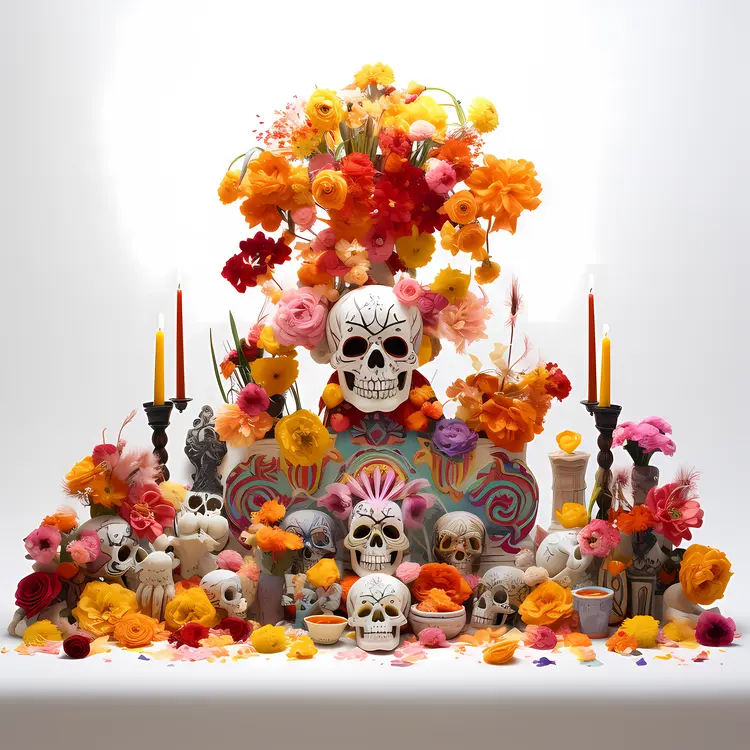 Colorful Skulls and Flowers for Day of the Dead