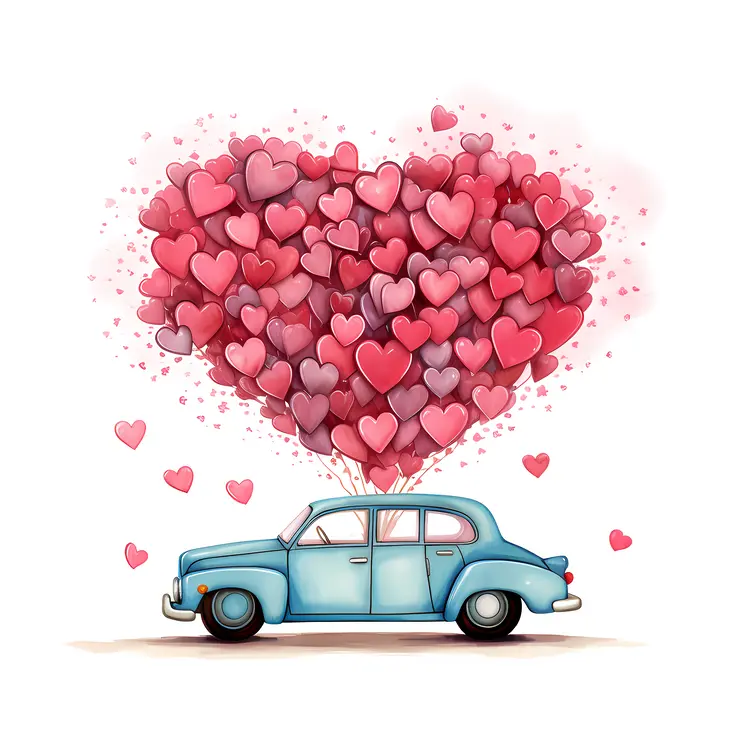 Vintage Blue Car with Hearts