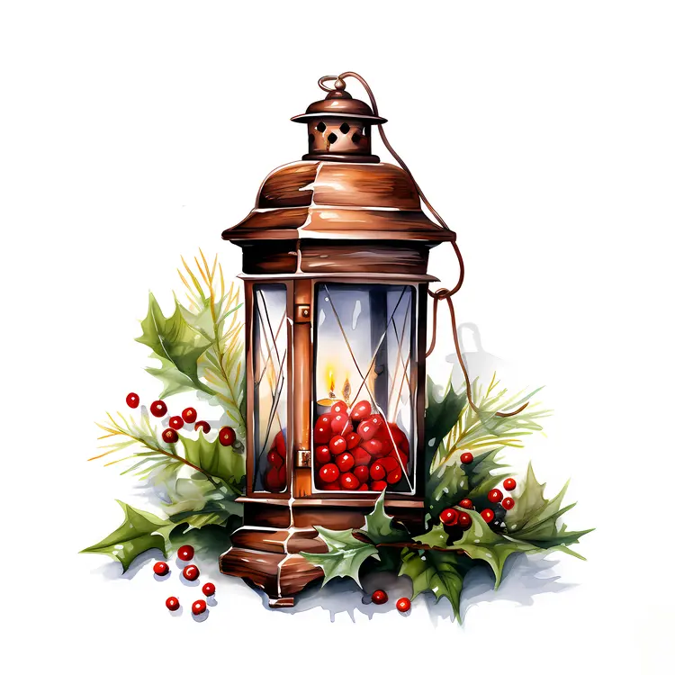Bronze Lantern with Candle and Holly for Christmas