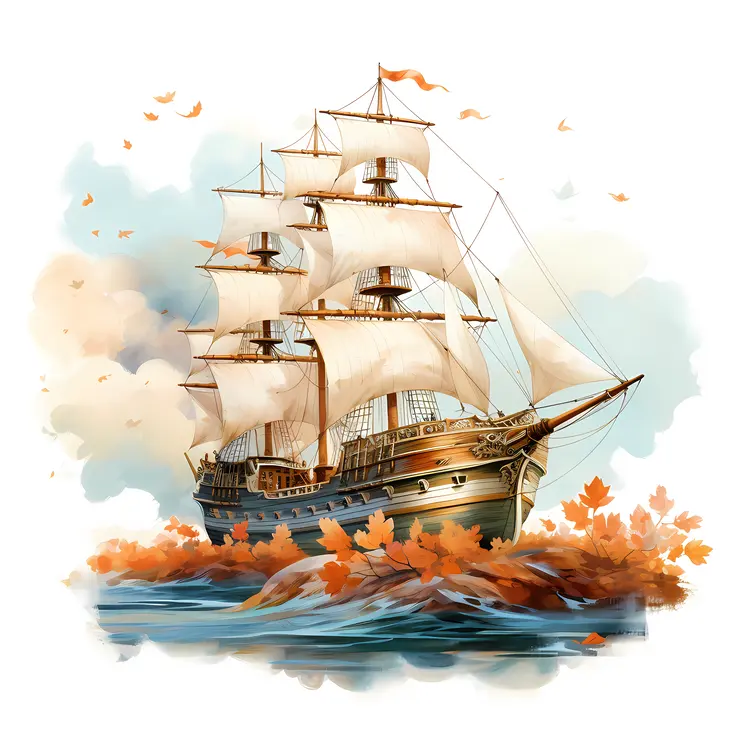 Sailing Ship with Autumn Leaves