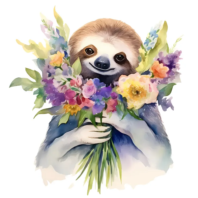 Cute Sloth Holding a Bouquet of Flowers