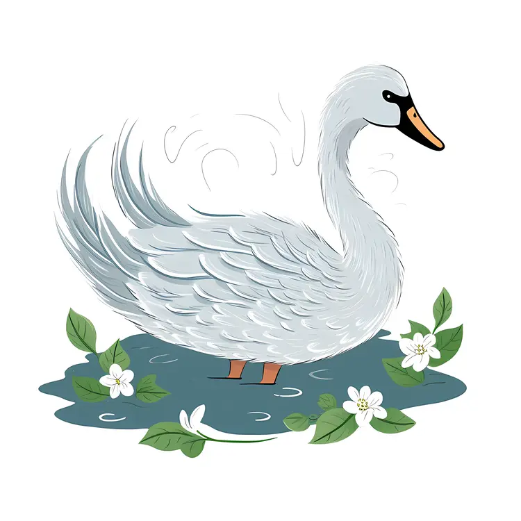 Elegant White Swan in a Pond with Flowers