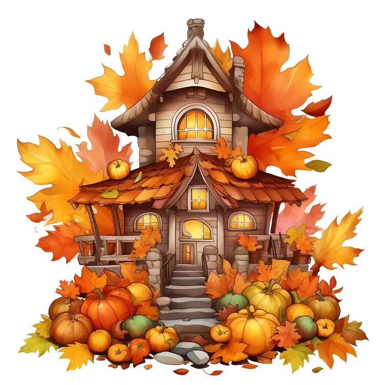 Autumn House with Pumpkins and Fall Leaves