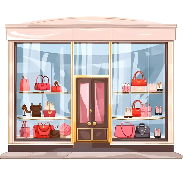 Fashionable Shop Window Display with Handbags and Shoes