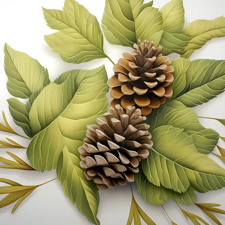 Pine Cones and Green Leaves Illustration