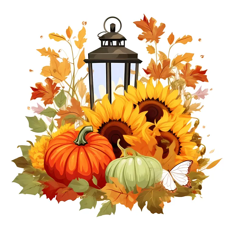 Autumn Lantern with Pumpkins and Sunflowers