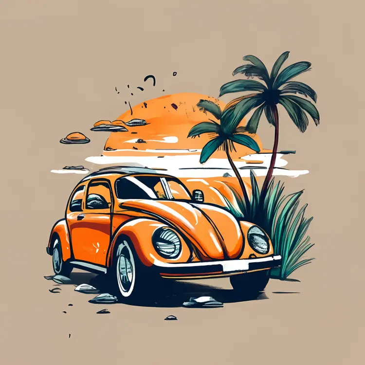Orange Car with Palm Trees and Sunset