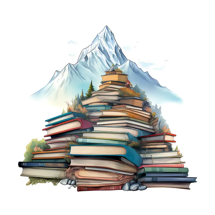 Mountain of Books with Scenic Background