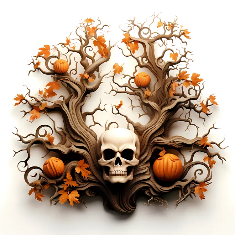 Spooky Tree with Skull and Pumpkins