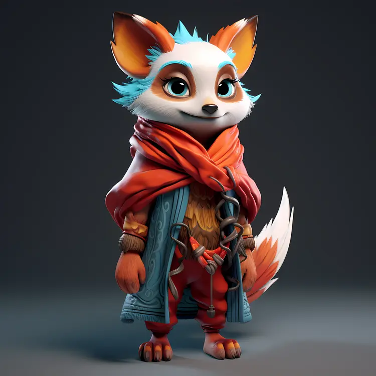 Cute Fox in Orange Scarf and Blue Hair