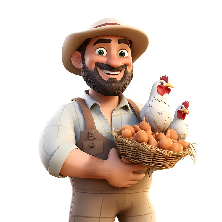 Farmer Holding Basket of Eggs with Chickens