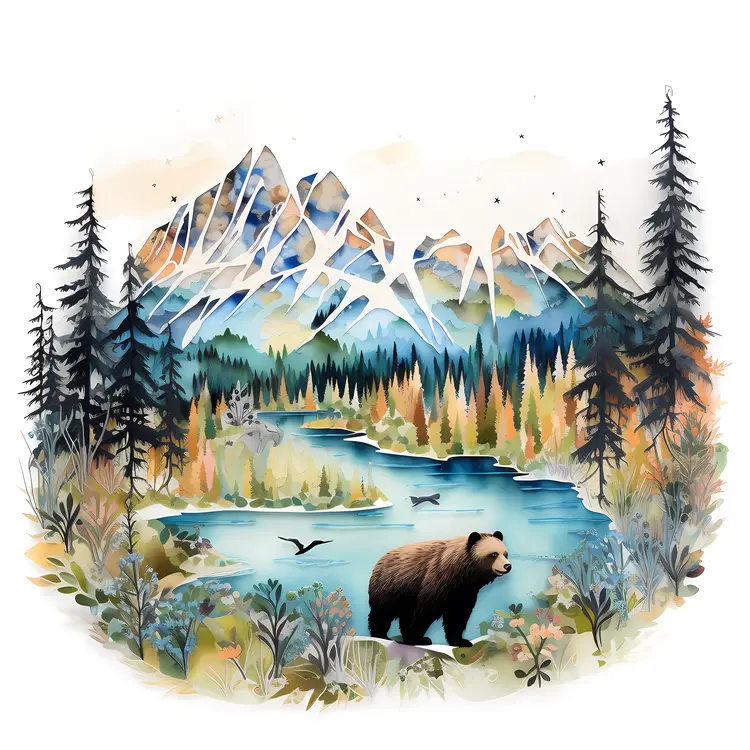 Bear by a River in Mountainous Forest