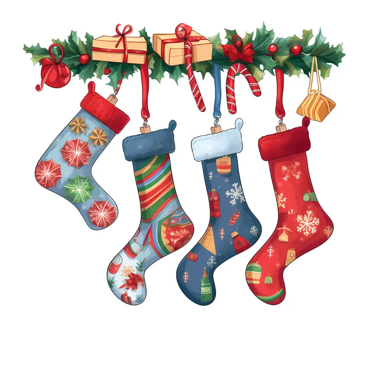 Festive Christmas Stockings with Gifts and Decorations