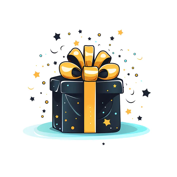 Black Gift Box with Golden Ribbon and Stars