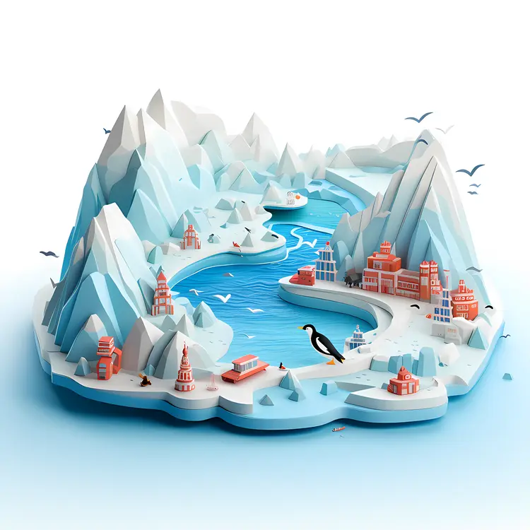 Penguins and Icebergs in Winter Landscape
