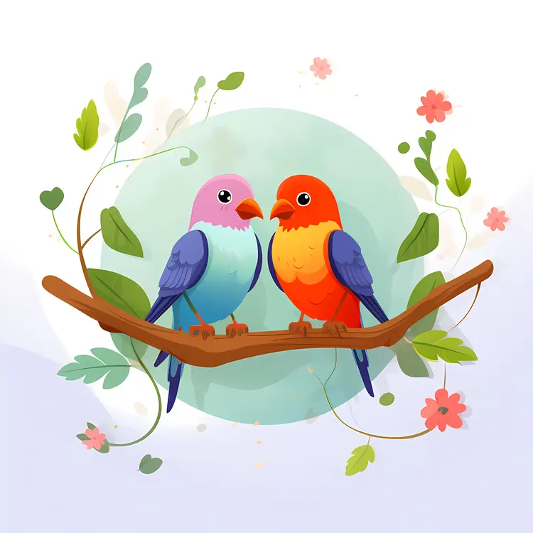 Cute Colorful Birds on a Branch