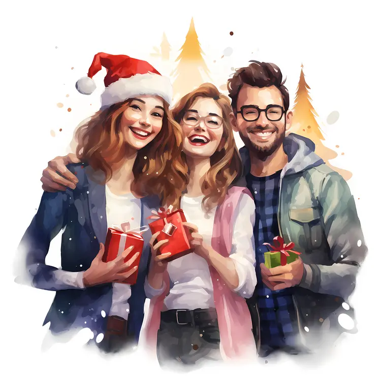 Friends Celebrating Christmas with Gifts