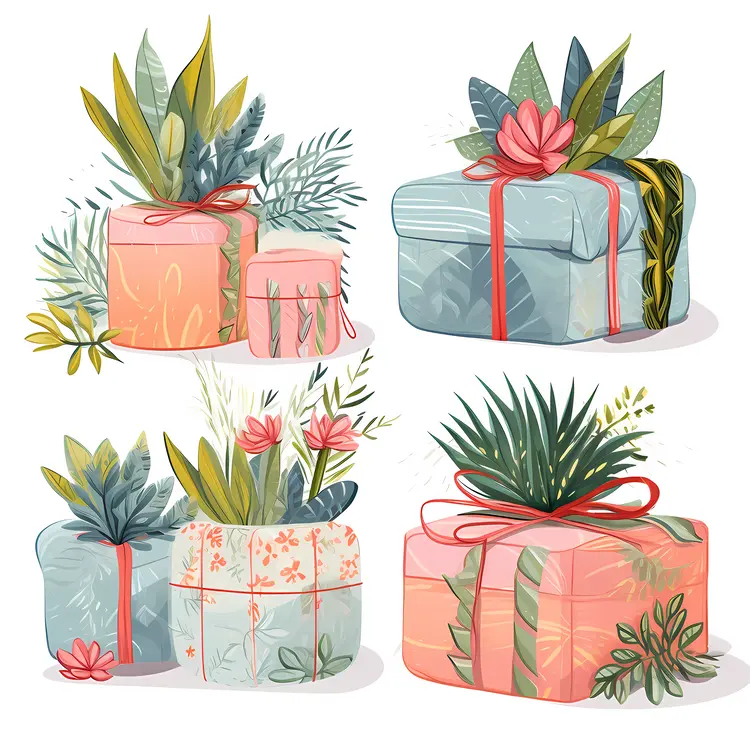 Beautifully Wrapped Gift Boxes with Floral Decorations