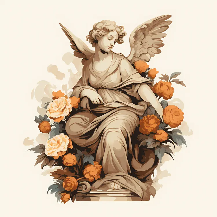 Beige Angel Statue with Flowers