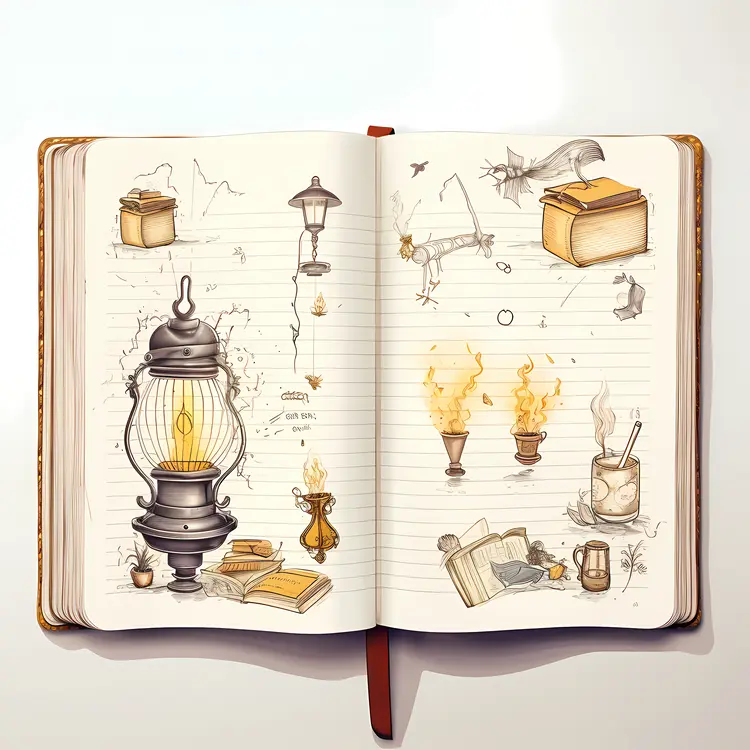 Open Book with Lamp and Notes