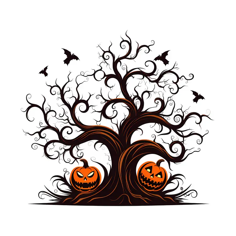 Halloween Tree with Pumpkins and Flying Bats