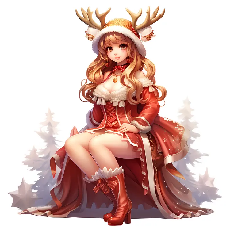 Seated Girl with Antlers in Red Christmas Outfit