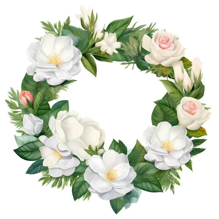 Beautiful Floral Wreath with White Flowers and Green Leaves