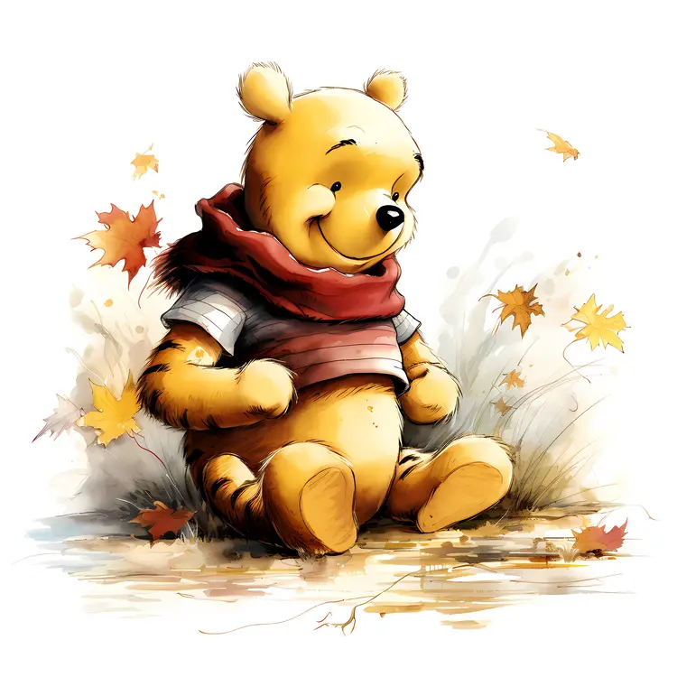 Yellow Bear with Striped Shirt and Autumn Leaves