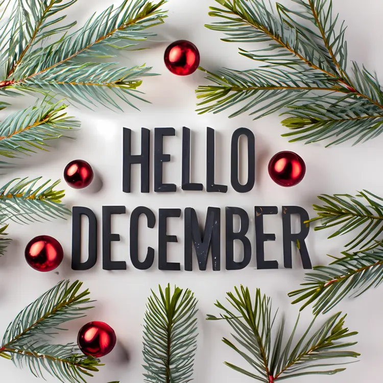 Hello December Text with Pine Branches