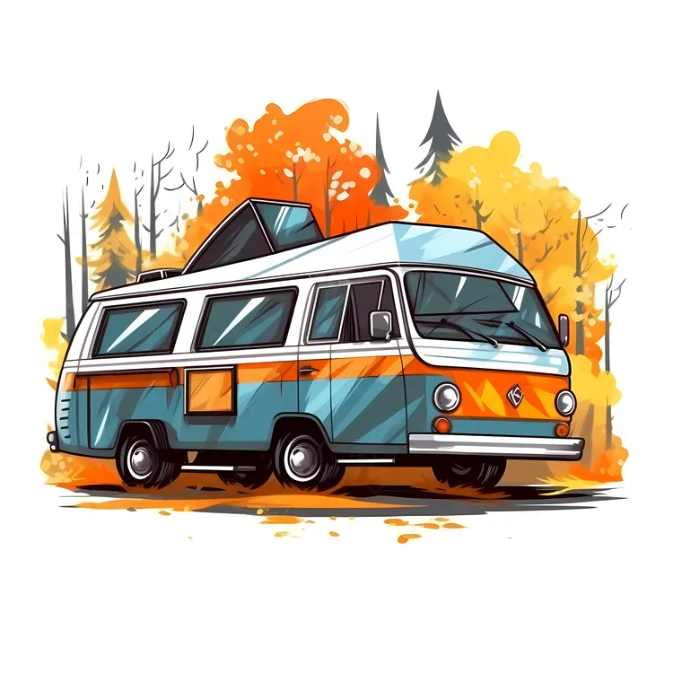 Colorful Camper Van in Autumn Forest