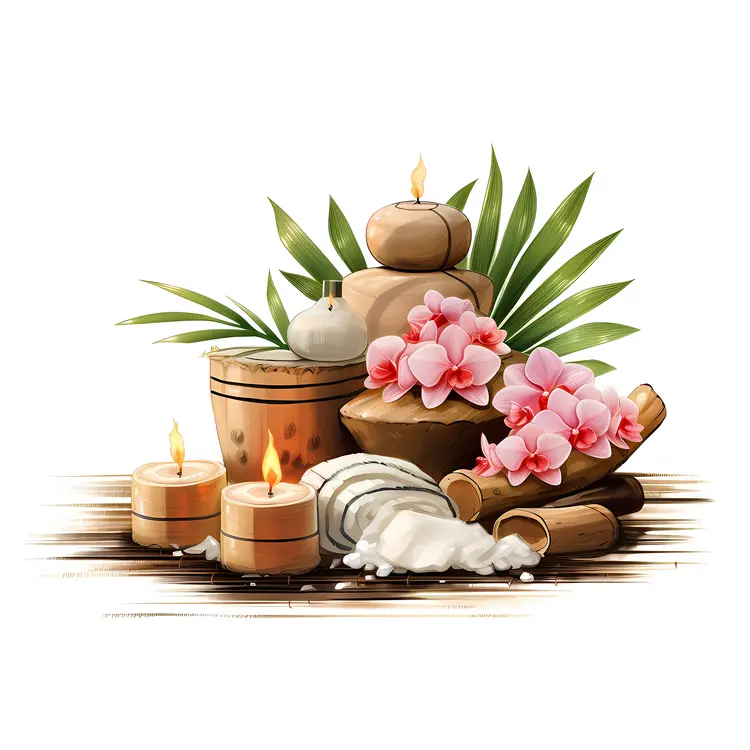Illustration of Spa Candles and Pink Flowers