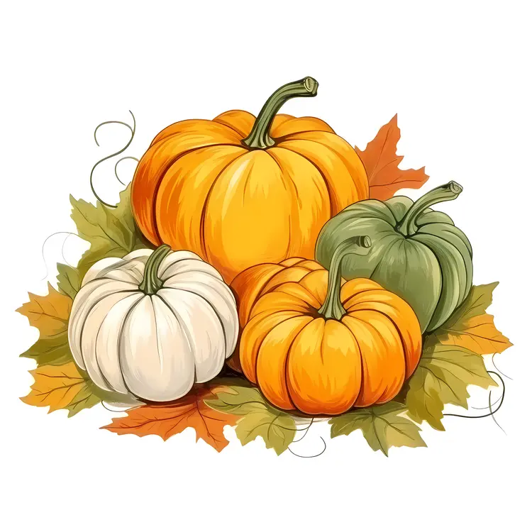 Colorful Pumpkins with Autumn Leaves