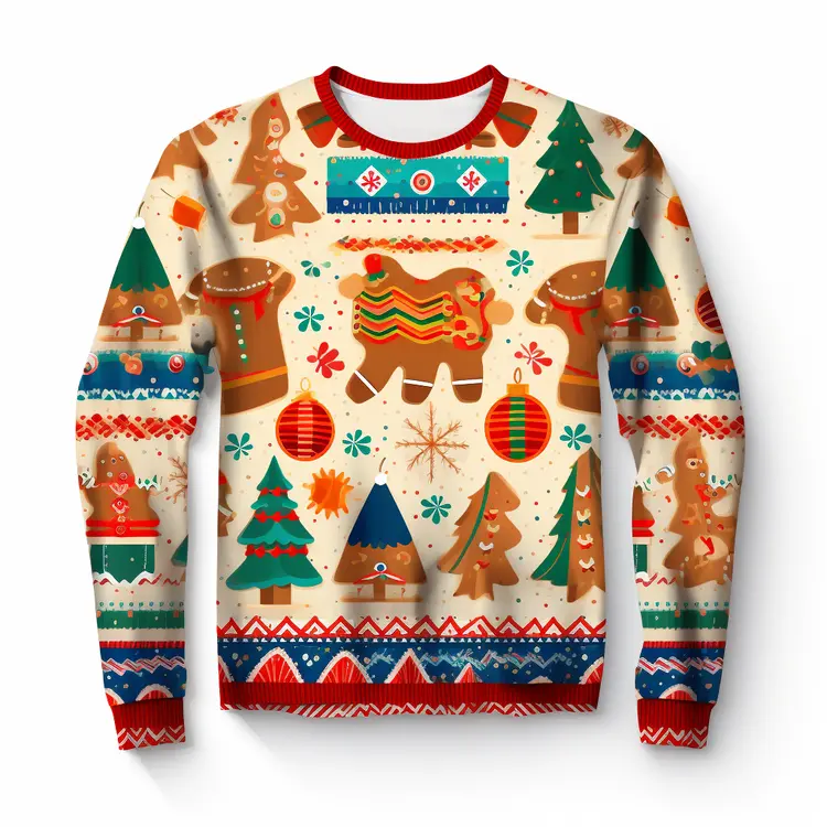 Festive Christmas Sweater with Gingerbread Men and Trees