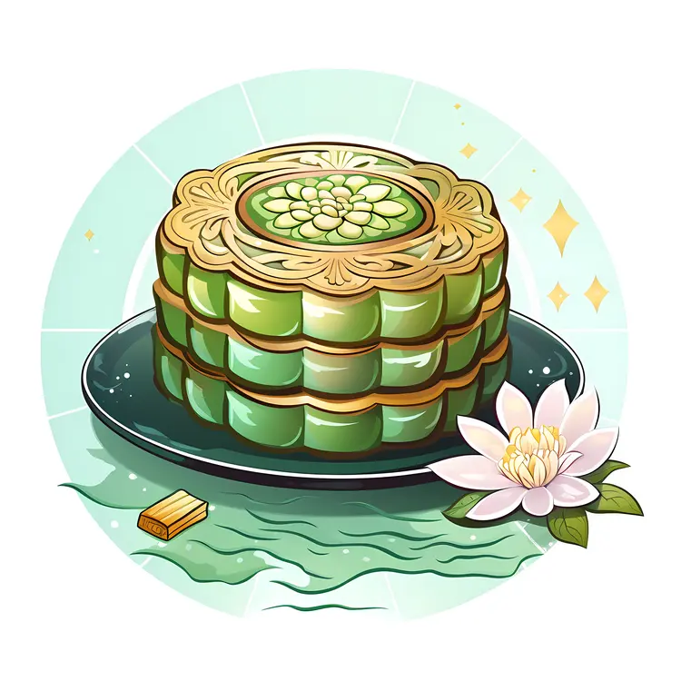 Decorative Green Mooncake on Plate