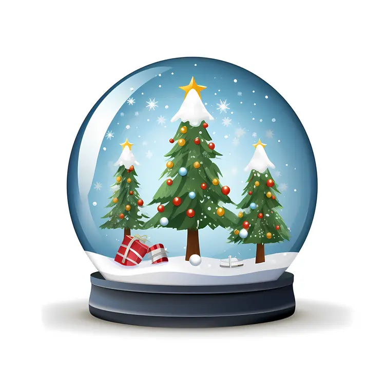 Three Christmas Trees in Snow Globe with Black Base