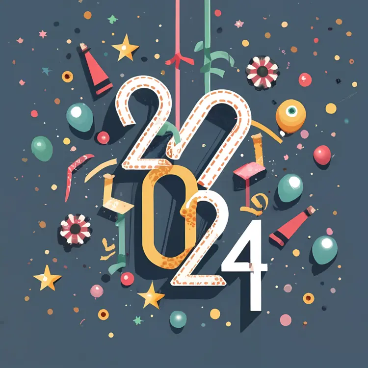 2024 Celebration with Confetti and Balloons