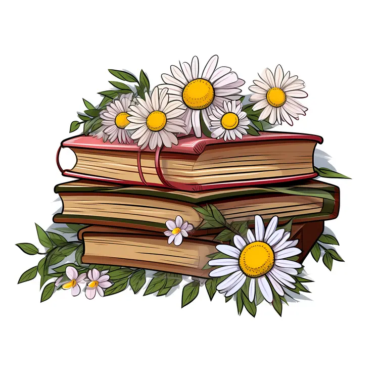 Stack of Books with Daisies Illustration