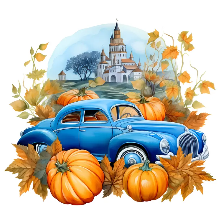 Blue Vintage Car with Pumpkins and Castle