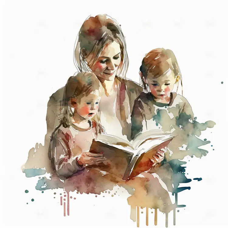 Mother Reading Book to Children in Watercolor Style