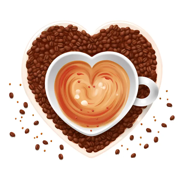 Heart-shaped Coffee Beans and Cup with Latte Art