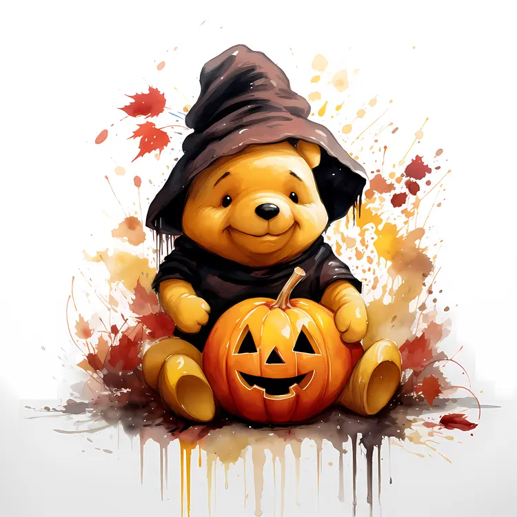 Cute Bear in Witch Costume with Pumpkin