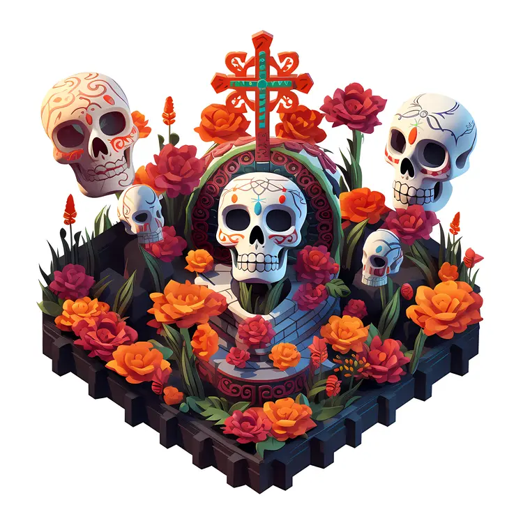 Skulls with Flowers and Cross